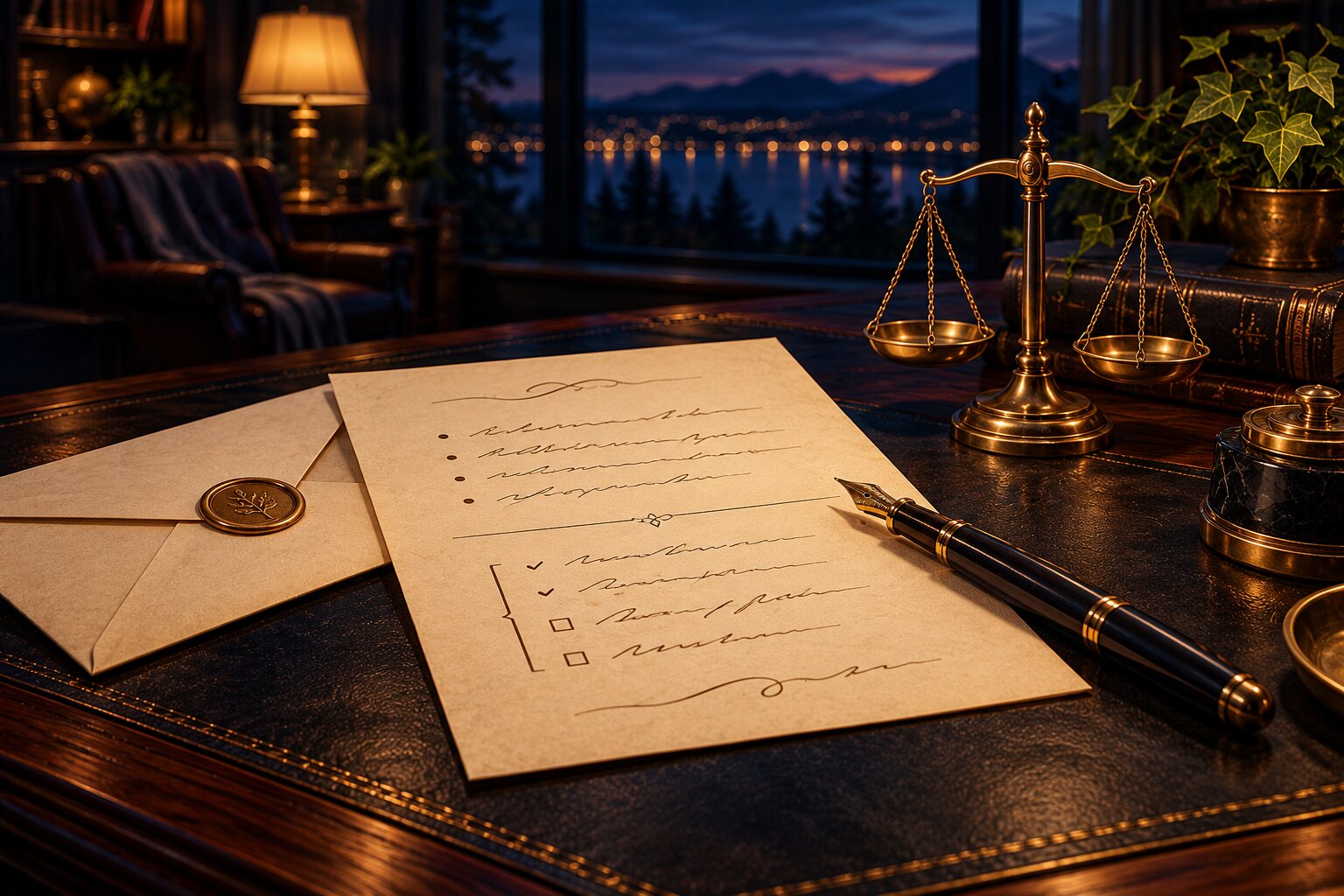 A written message, pen, and balanced brass scale represent clear communication and proportionate action.