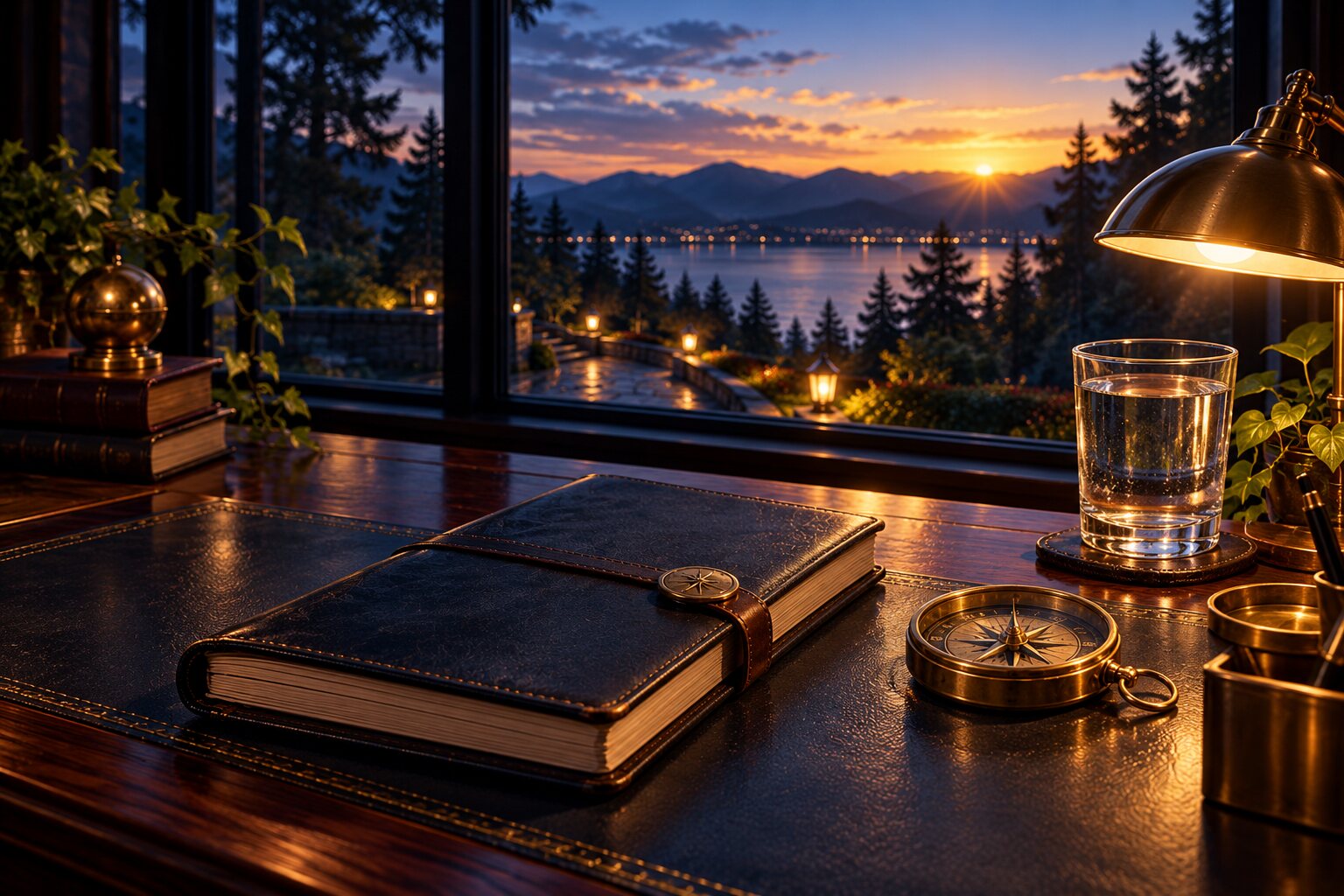 A closed field journal, compass, and water beside a sunrise window suggest privacy, pause, and support.