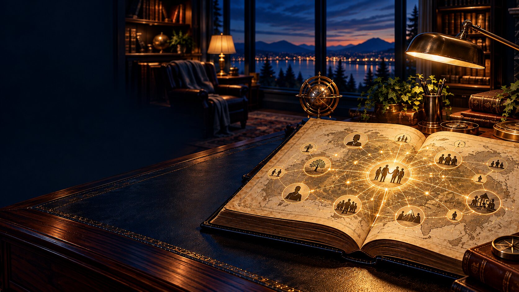 A gold-lit field atlas connects people and communities in a quiet study at dusk.