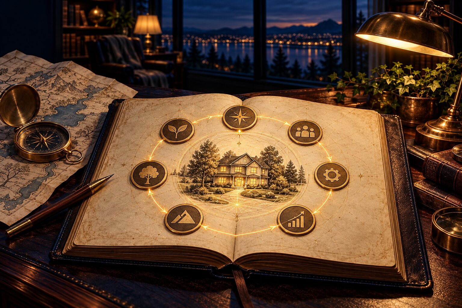 A circular set of brass markers maps a calm, repeatable practice cycle.