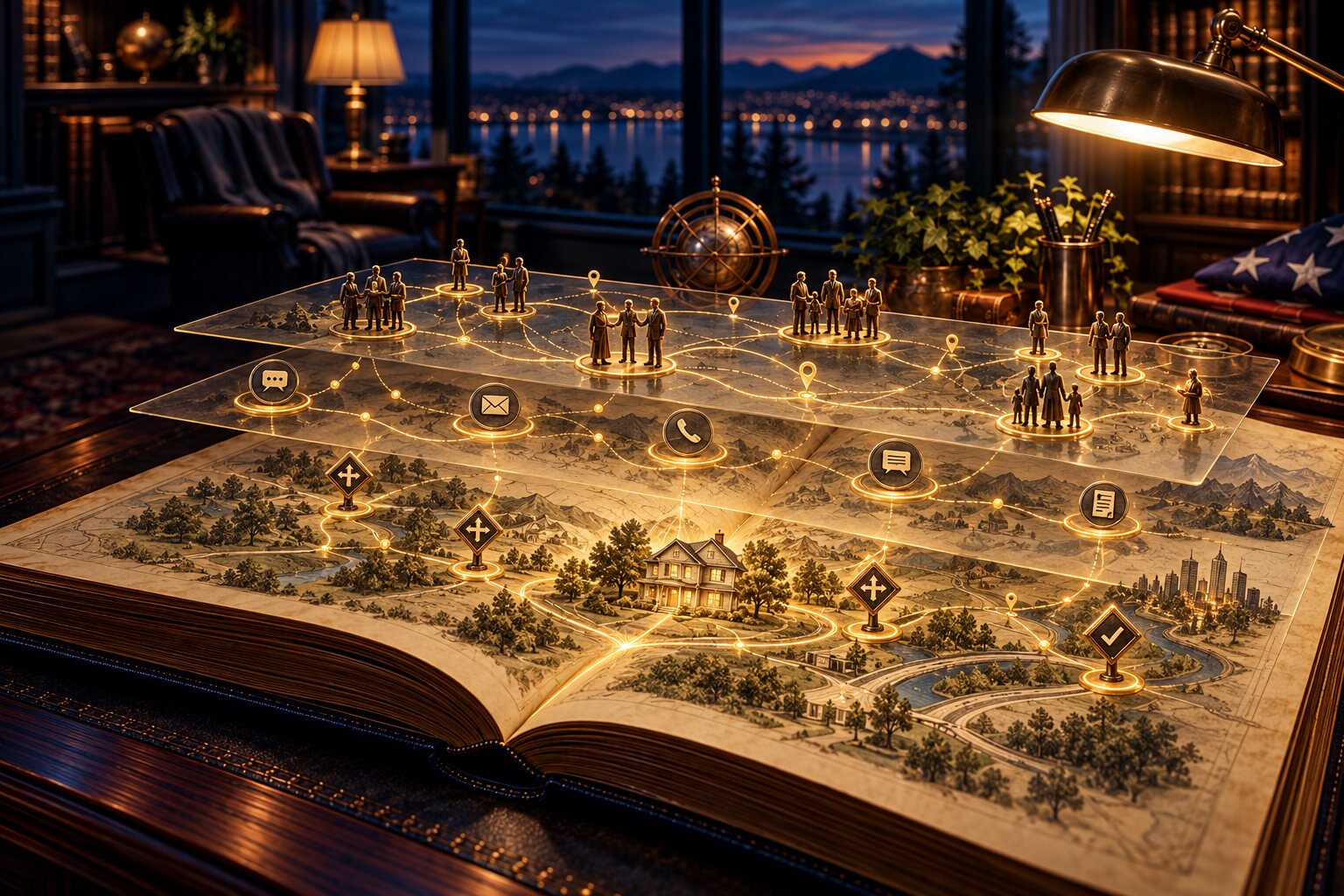 An illuminated atlas maps roles, channels, and decision points across connected groups.