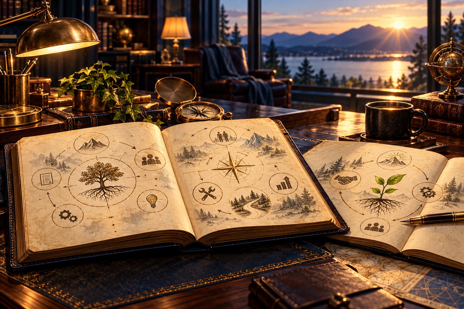 An open field atlas in morning light represents learning from outcomes and reviewing the plan.