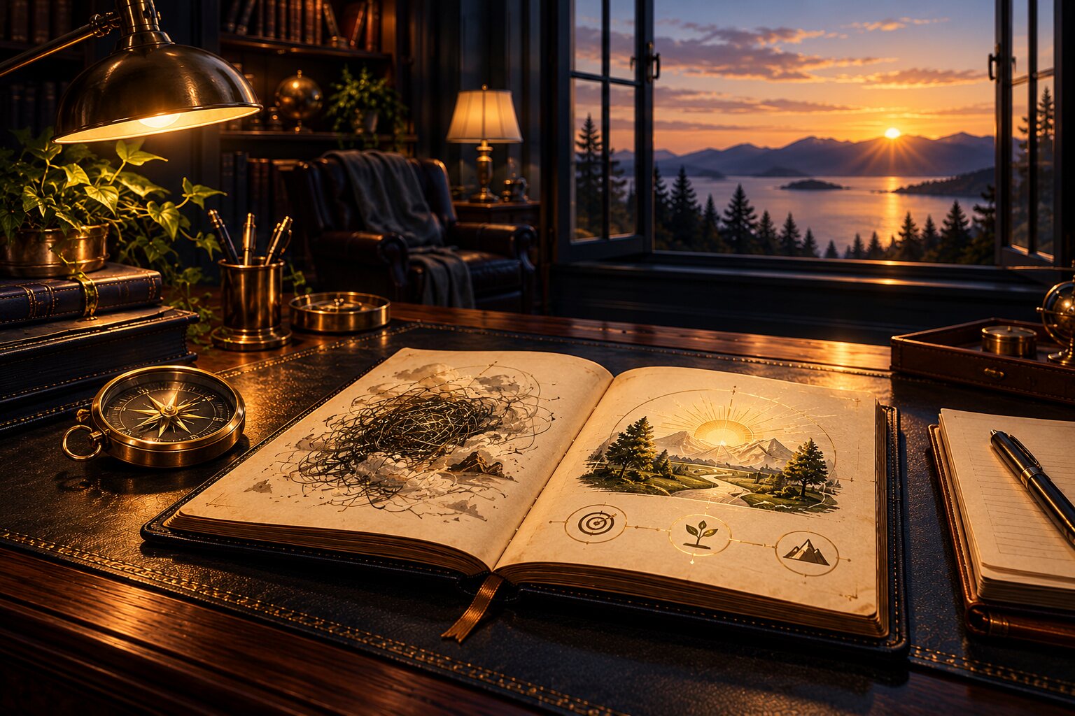A calm dawn desk with a compass and open journal represents a pause for stabilization.