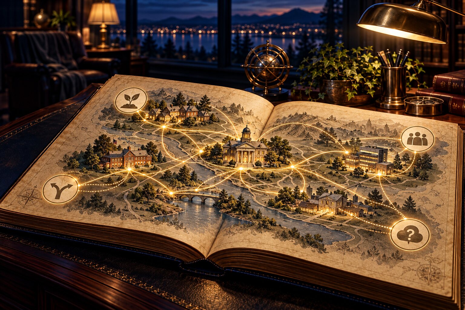 An atlas maps several possible routes between community and organizational landmarks.