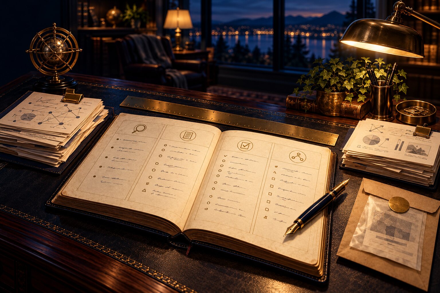 An open workbook and carefully organized notes under lamplight.
