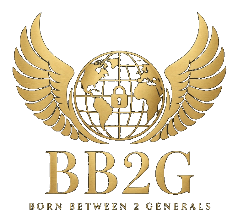 Born Between 2 Generals gold globe, wings, and lock logo